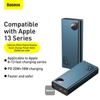 Thumbnail for Baseus Adaman Power Bank 65W 20000mAh FAST charge PD For Laptop / Phone - Blue