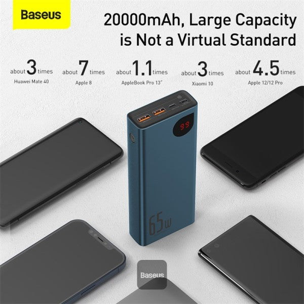 Baseus Adaman Power Bank 65W 20000mAh FAST charge PD For Laptop / Phone - Blue