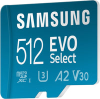 Thumbnail for Samsung EVO Select Micro SD + Adapter SDXC 512GB 130MB/s for 4K UHD UHS-I, U3, A2, V30
