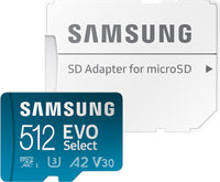 Thumbnail for Samsung EVO Select Micro SD + Adapter SDXC 512GB 130MB/s for 4K UHD UHS-I, U3, A2, V30