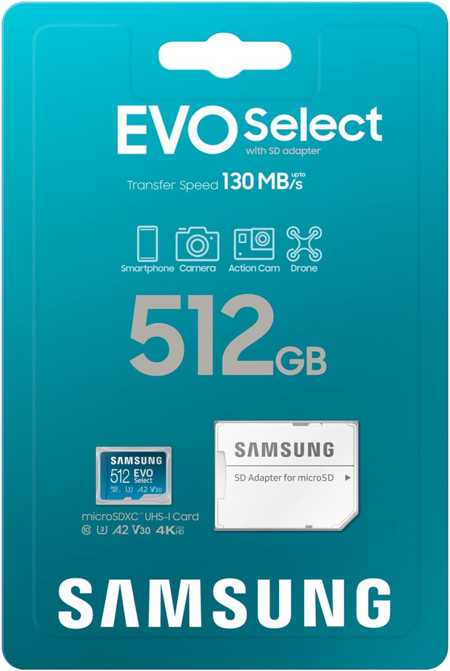 Samsung EVO Select Micro SD + Adapter SDXC 512GB 130MB/s for 4K UHD UHS-I, U3, A2, V30