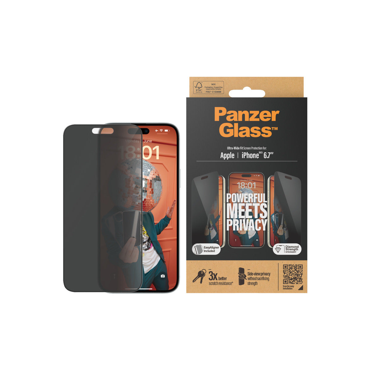 "PanzerGlass Privacy Ultra Wide Fit Screen Protector with EasyAligner for iPhone 15 Plus