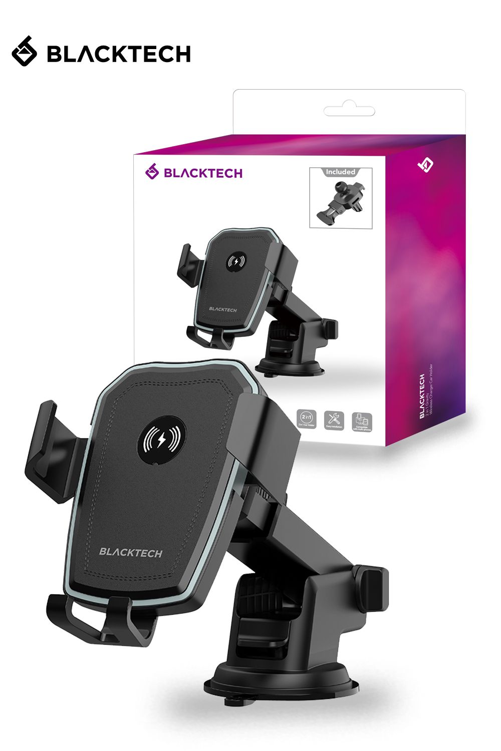 BLACKTECH 10W Gravity 2in1 Wireless Charger Car Holder - Black