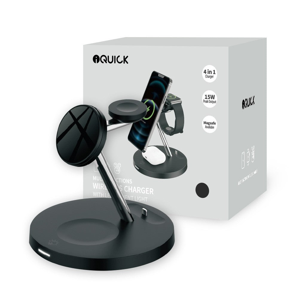 iQuick 4 in 1 Fast Wireless Charger With Magsafe+LED Ambient Light - Black