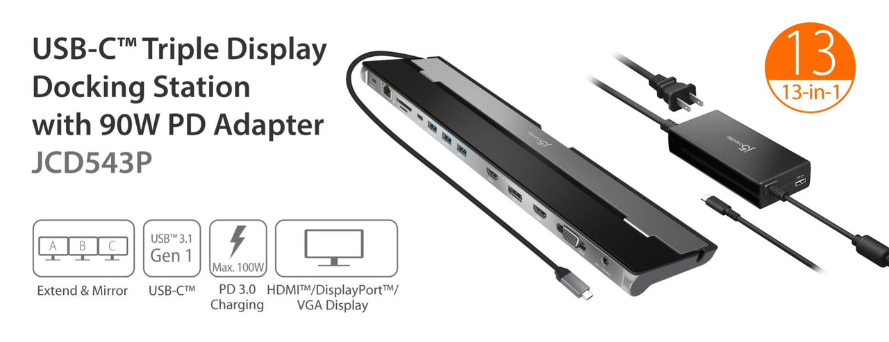 J5create USB-C Triple Display Docking Station with 100W PD Adaptor  - Grey