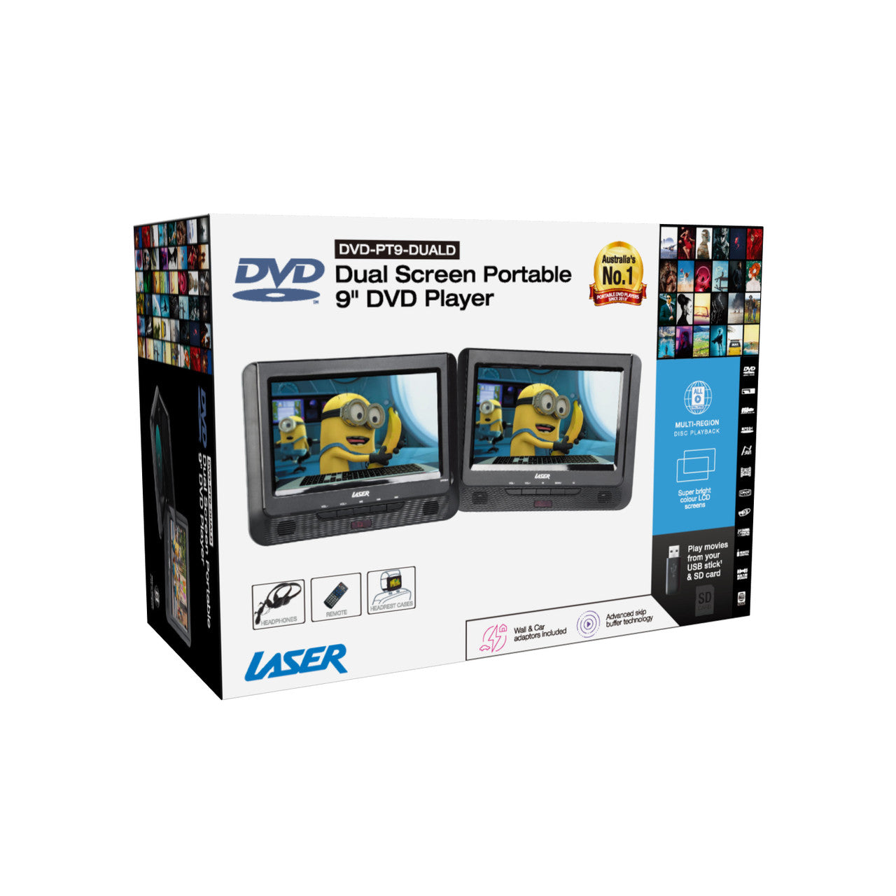 Laser 9" Dual Screen Portable DVD Player for Car- Black