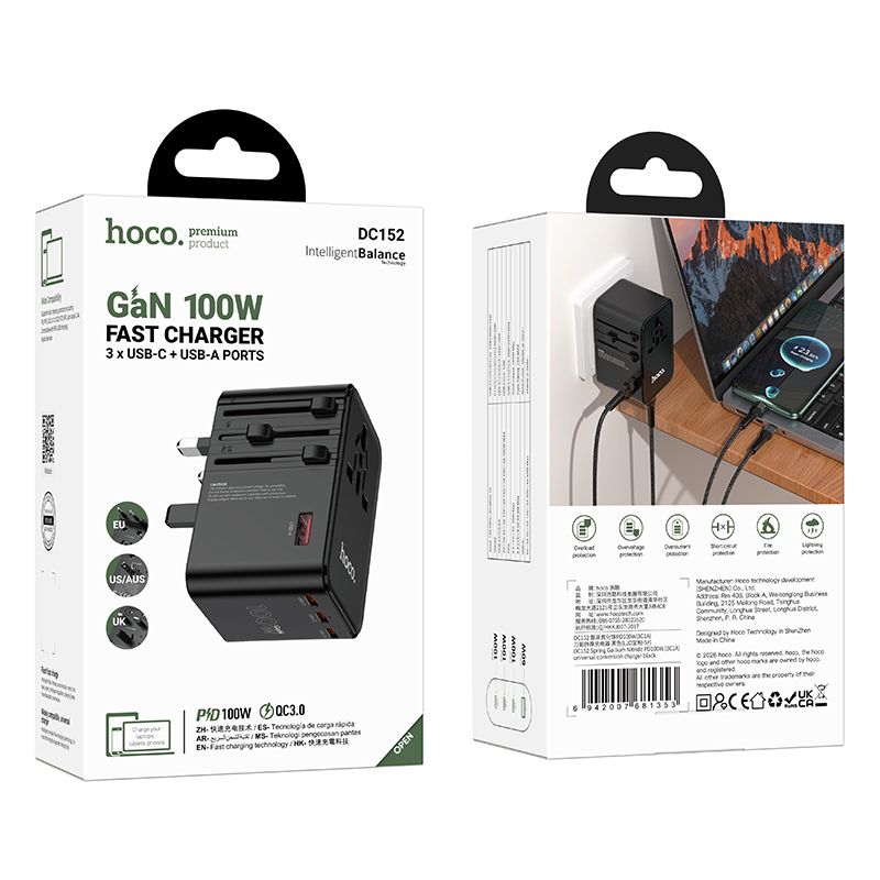 Hoco Travel Adapter 100W GaN with Fast Charging 4 Port Type-C and USB-A  - Black