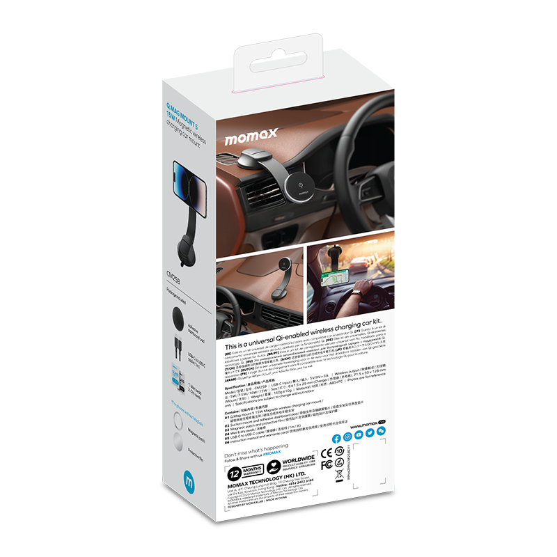 Momax Q.Mag Mount 5 15W Wireless Charging Car Mount Suction Cup (MagSafe Compatible) - Grey