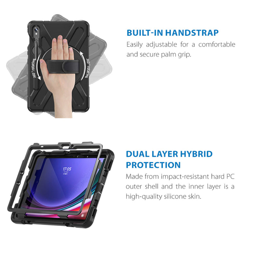 Samsung (Strike) Rugged Case with Hand Strap and Lanyard for Galaxy Tab S10 Lite/S10 FE/S9 FE/S9/S8/S7 - Black
