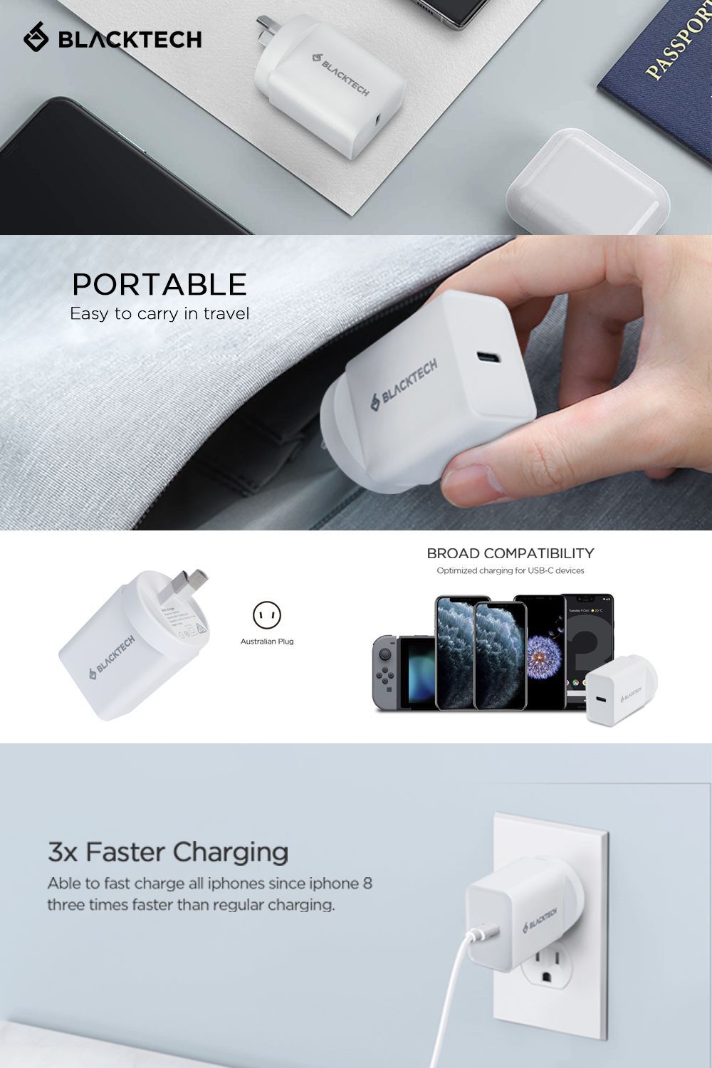 Blacktech USB-C 20W PD Power Wall Adapter Charger for iPhone | Andriod- White