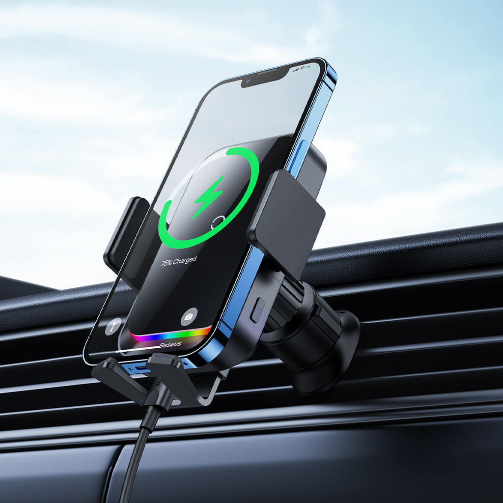Baseus Car Phone Holder with Halo +  15W Wireless Charging | Mount - Black