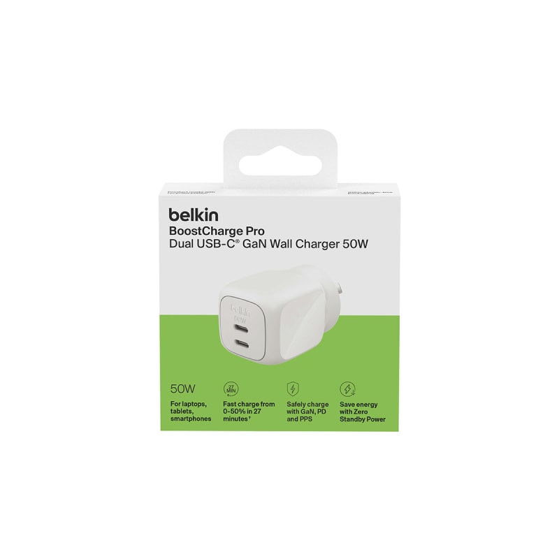 Belkin Boostcharge 50w Gan Wall Charger with Dual Port USB-C Output- White