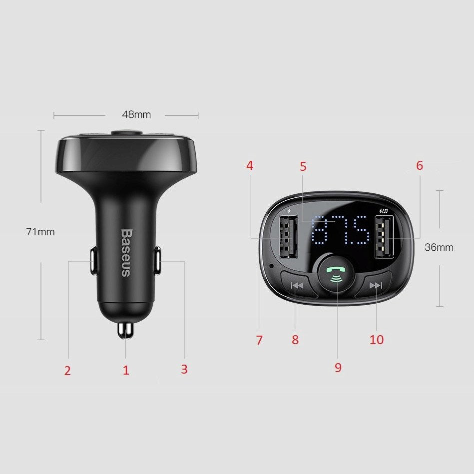 Baseus Car Bluetooth MP3 FM Transmitter Charger ( Micro SD+ DUAL USB charging) - Black