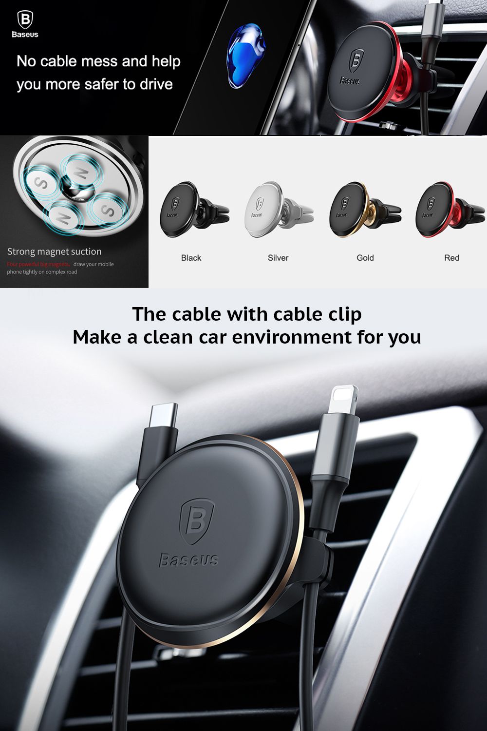 Baseus Strong Magnetic Air Vent Car Mount Holder With Cable Clip - Black