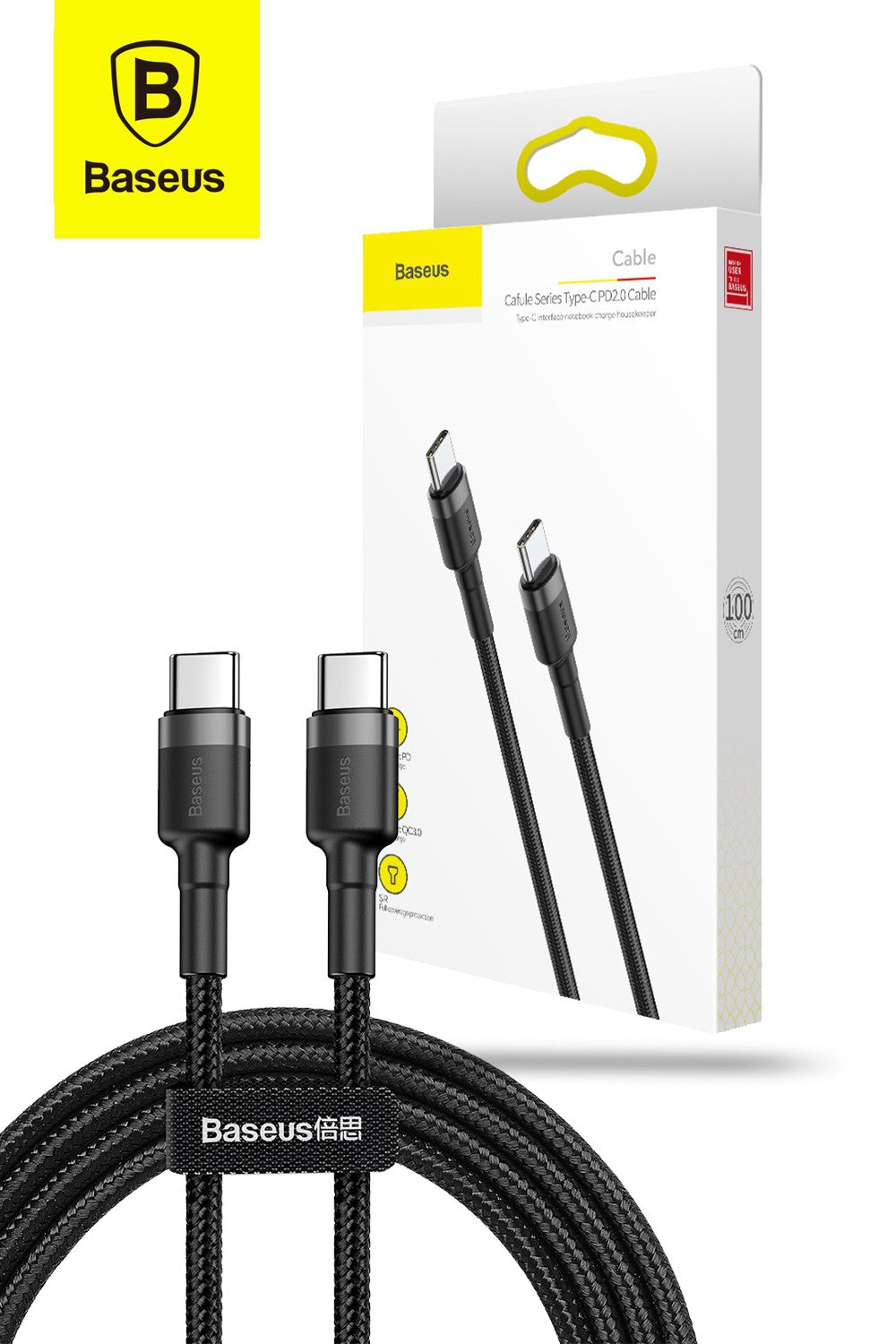 Baseus USB-C To USB-C Cafule Tough Cable 2 Meter |PD 2.0 QC 3.0 - Black