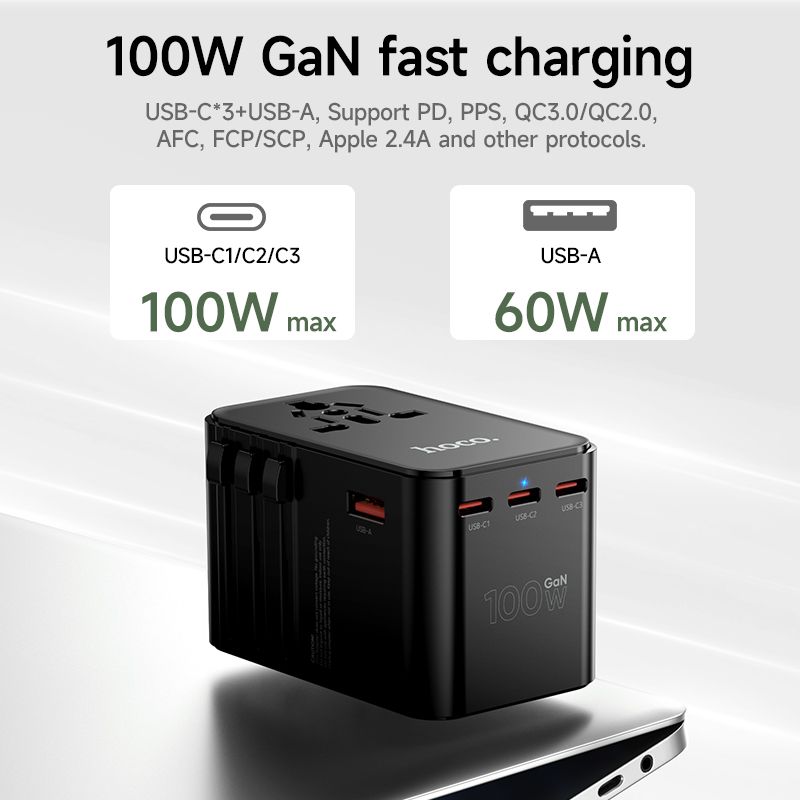 Hoco Travel Adapter 100W GaN with Fast Charging 4 Port Type-C and USB-A  - Black