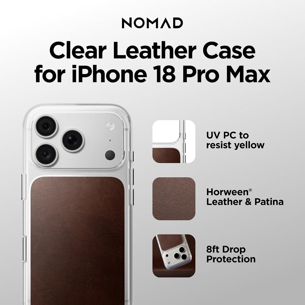 NOMAD Clear Leather Case for iPhone 18 Pro Max -Rustic Brown Horween