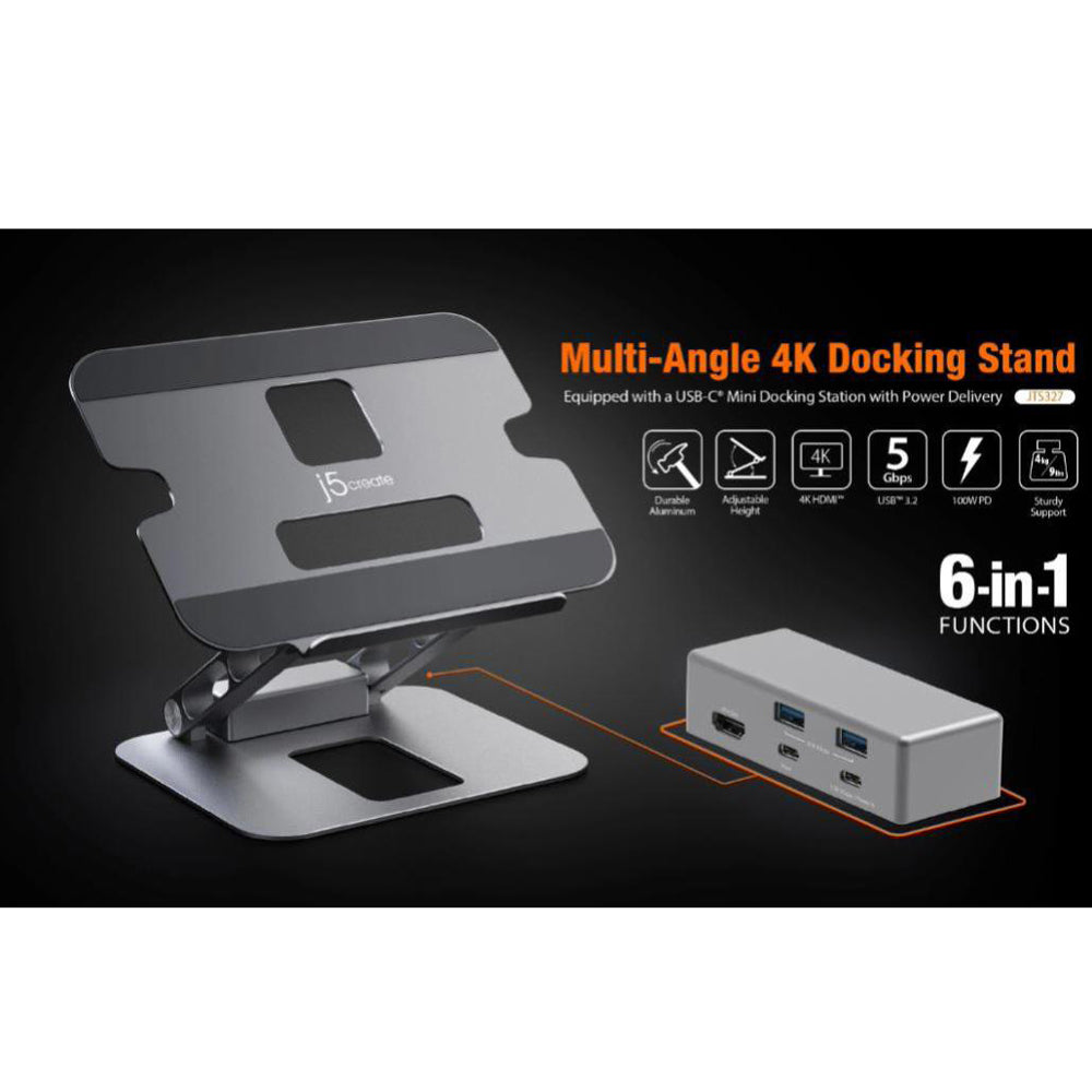 J5create JTS327 Multi-Angle single 4K HDMI Docking Laptop Stand with USB-C Pass Through