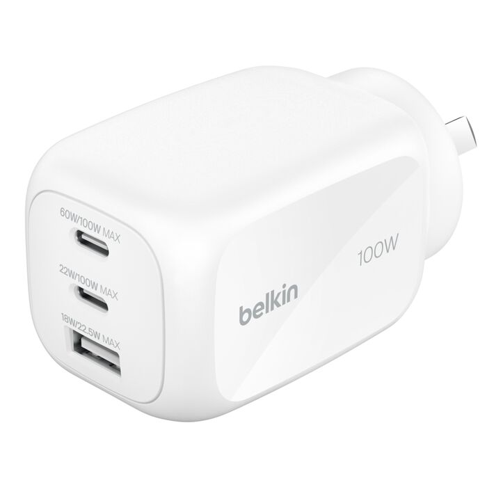 Belkin BoostCharge 100W GaN Wall Charger With 3-Port (2xUSB-C + 1x USB-A)  - White