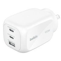 Thumbnail for Belkin BoostCharge 100W GaN Wall Charger With 3-Port (2xUSB-C + 1x USB-A)  - White