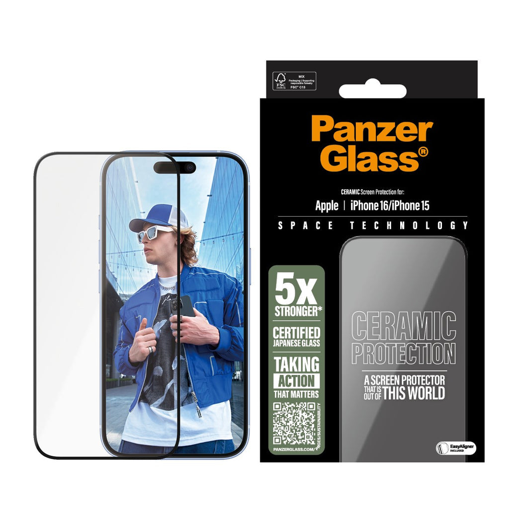PanzerGlass Ultra-Wide Fit Ceramic Glass Screen Protector For iPhone 16 /15 - Clear