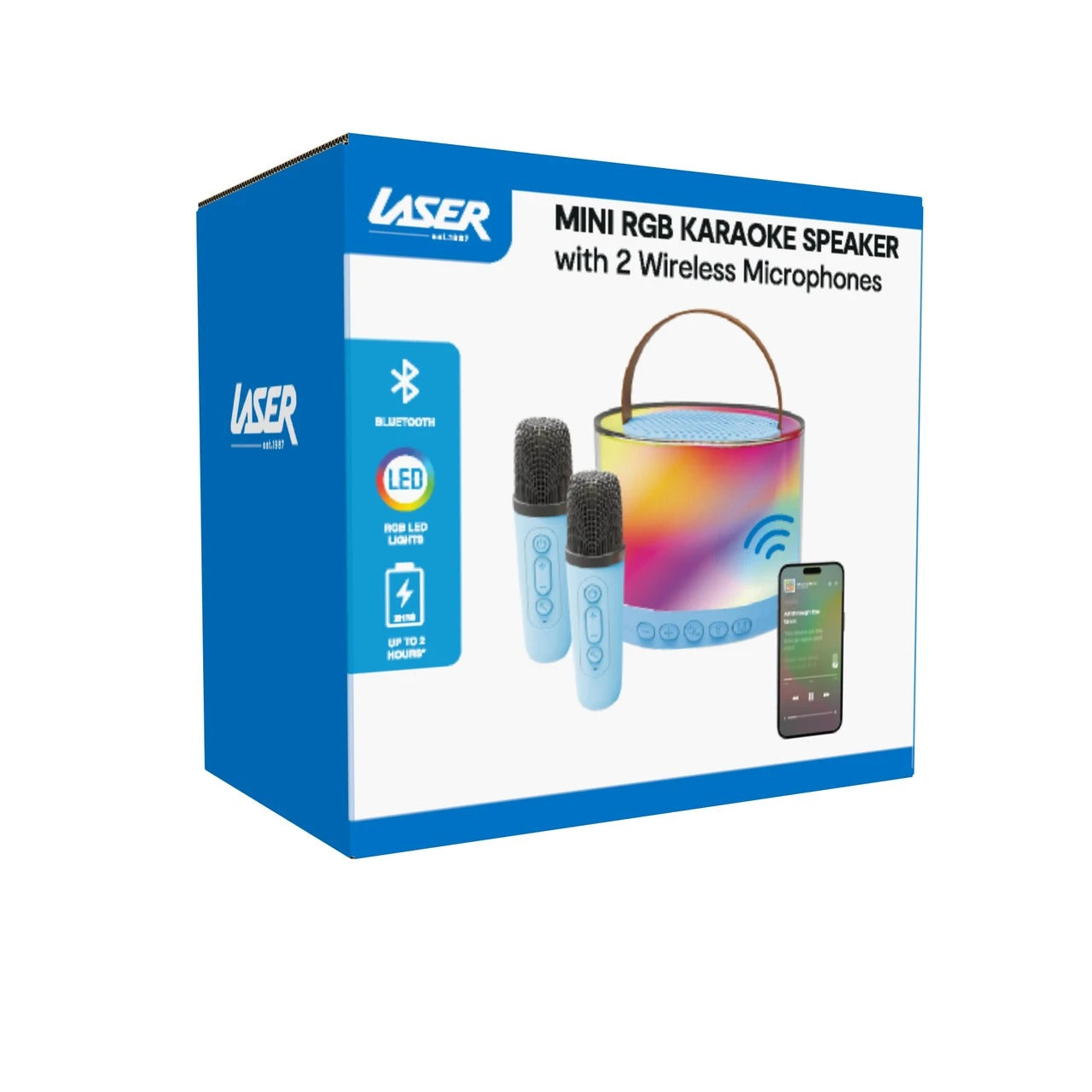 Laser Mini RGB Karaoke Speaker with 2 Wireless Mics - Blue