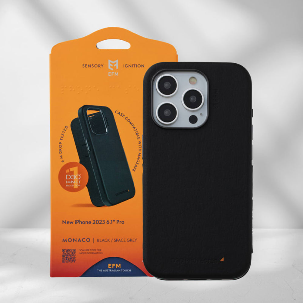 EFM Monaco E-leather Wallet Case Armour With D3O Plus Suits Iphone 15 Pro (6.1") - Black/Space Grey