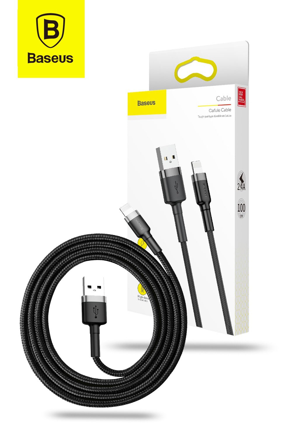 Baseus USB-A To Lightning Cafule Tough Cable Braided Cord  1m - Black