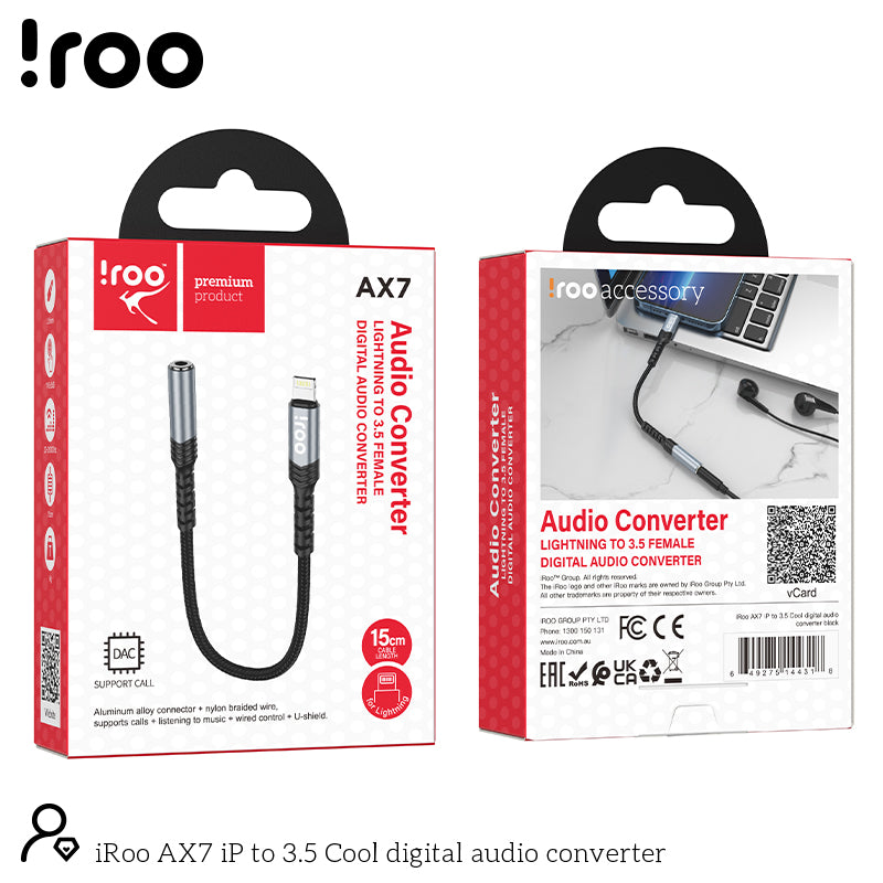 iRoo AX7-L iPhone iPad LTN to 3.5mm Jack Adapter - Black