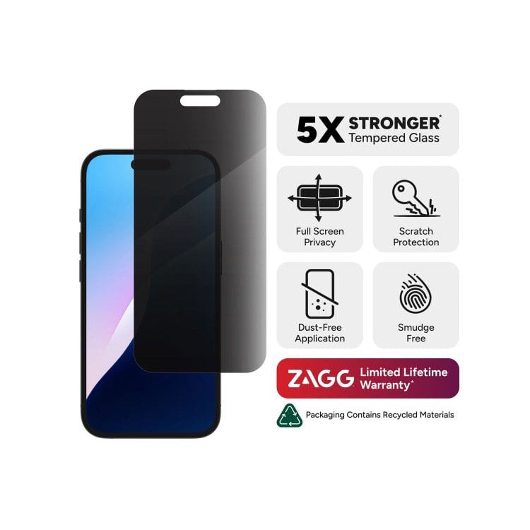 ZAGG Glass Elite Privacy 360 Screen Protector for Apple iPhone 16/15 – 4-Way Privacy