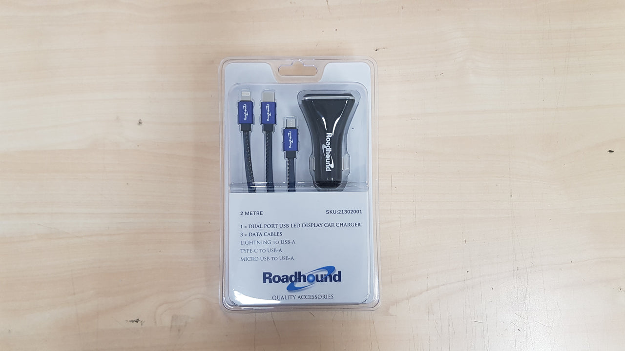Roadhound Dual Port In Car Charger with Type C + Micro USB cables (2M) - Black