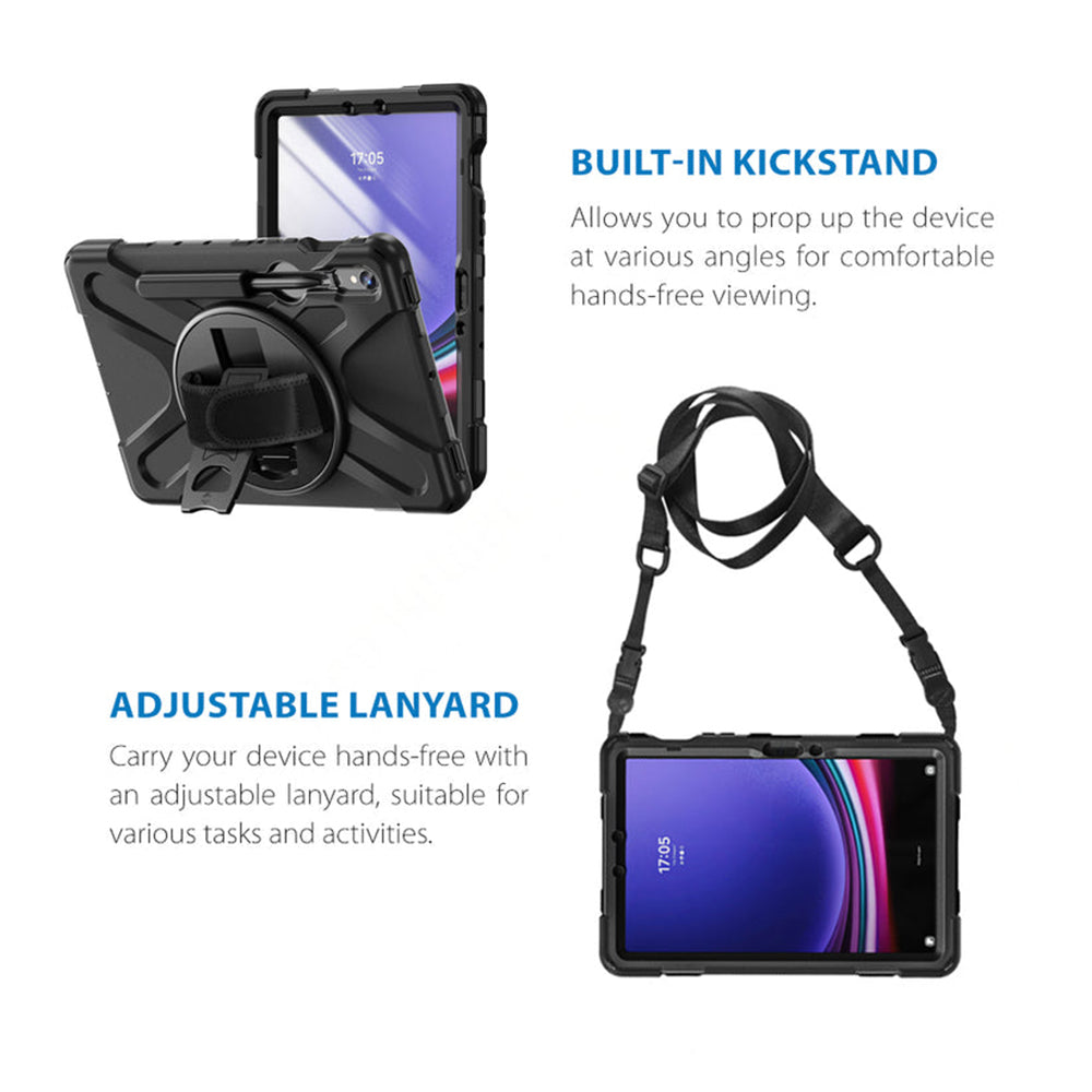 Samsung (Strike) Rugged Case with Hand Strap and Lanyard for Galaxy Tab S10 Lite/S10 FE/S9 FE/S9/S8/S7 - Black