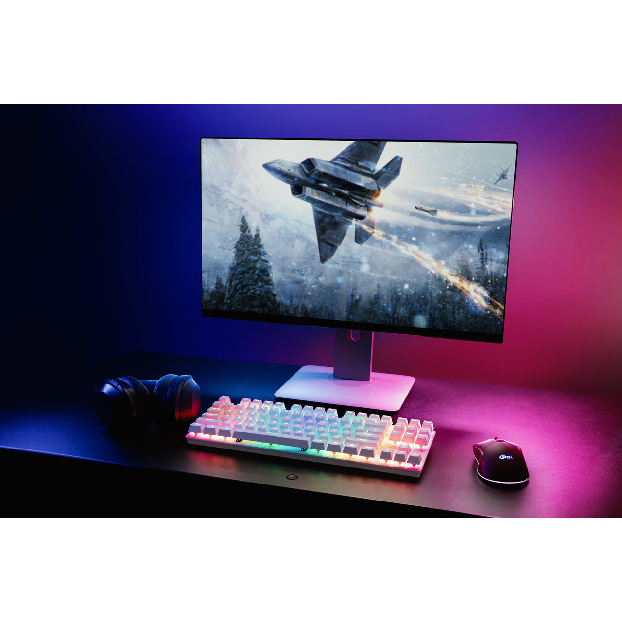 G-Tek Cyborg 87 Key Wired + 2.4GHz + Bluetooth Gaming Keyboard- White