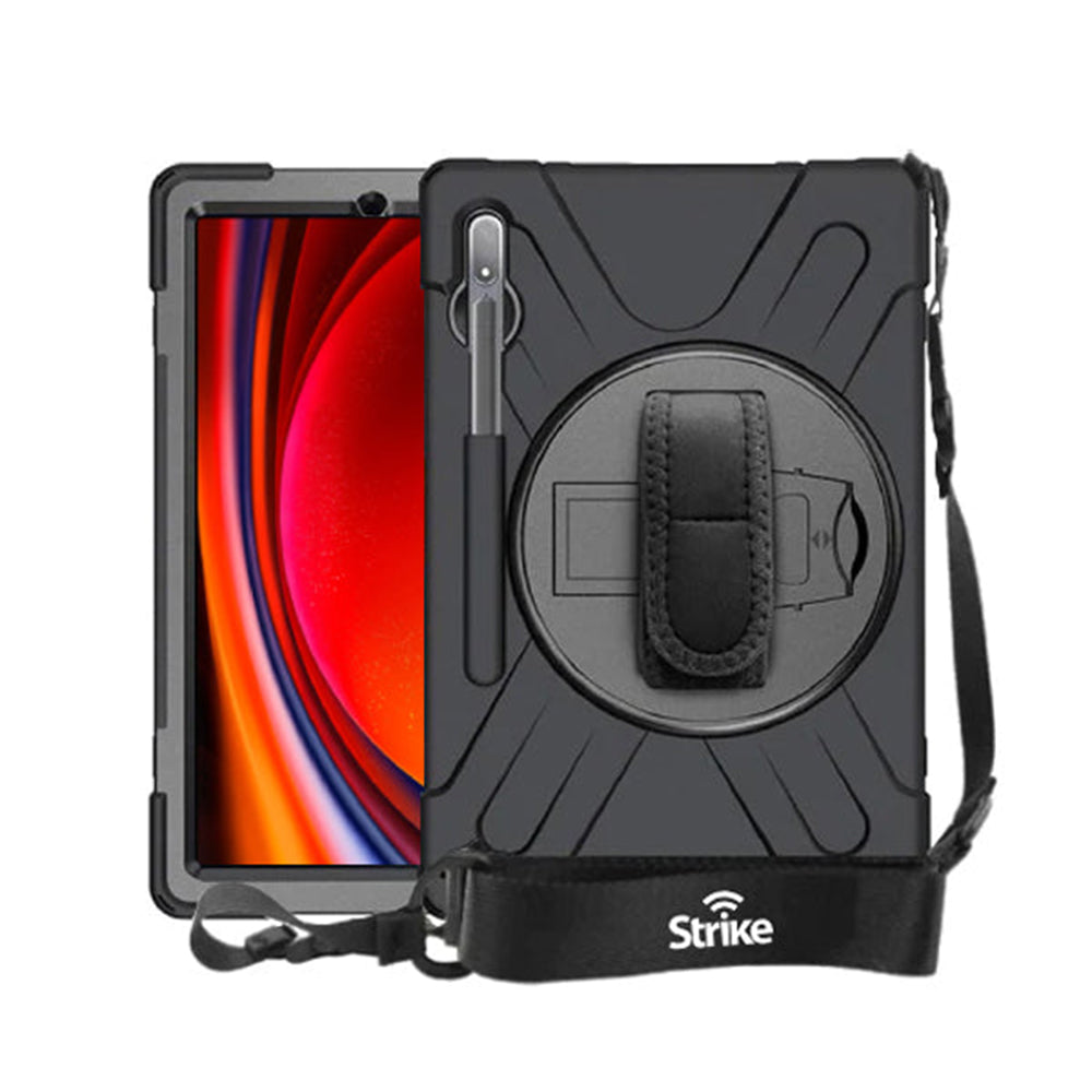 Samsung (Strike) Rugged Case with Hand Strap and Lanyard for Galaxy Tab S10 Lite/S10 FE/S9 FE/S9/S8/S7 - Black