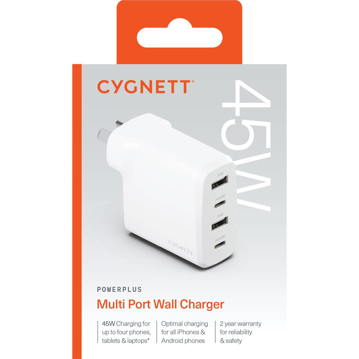 Cygnett Powerplus 45W Multiport Wall Charger AU - White