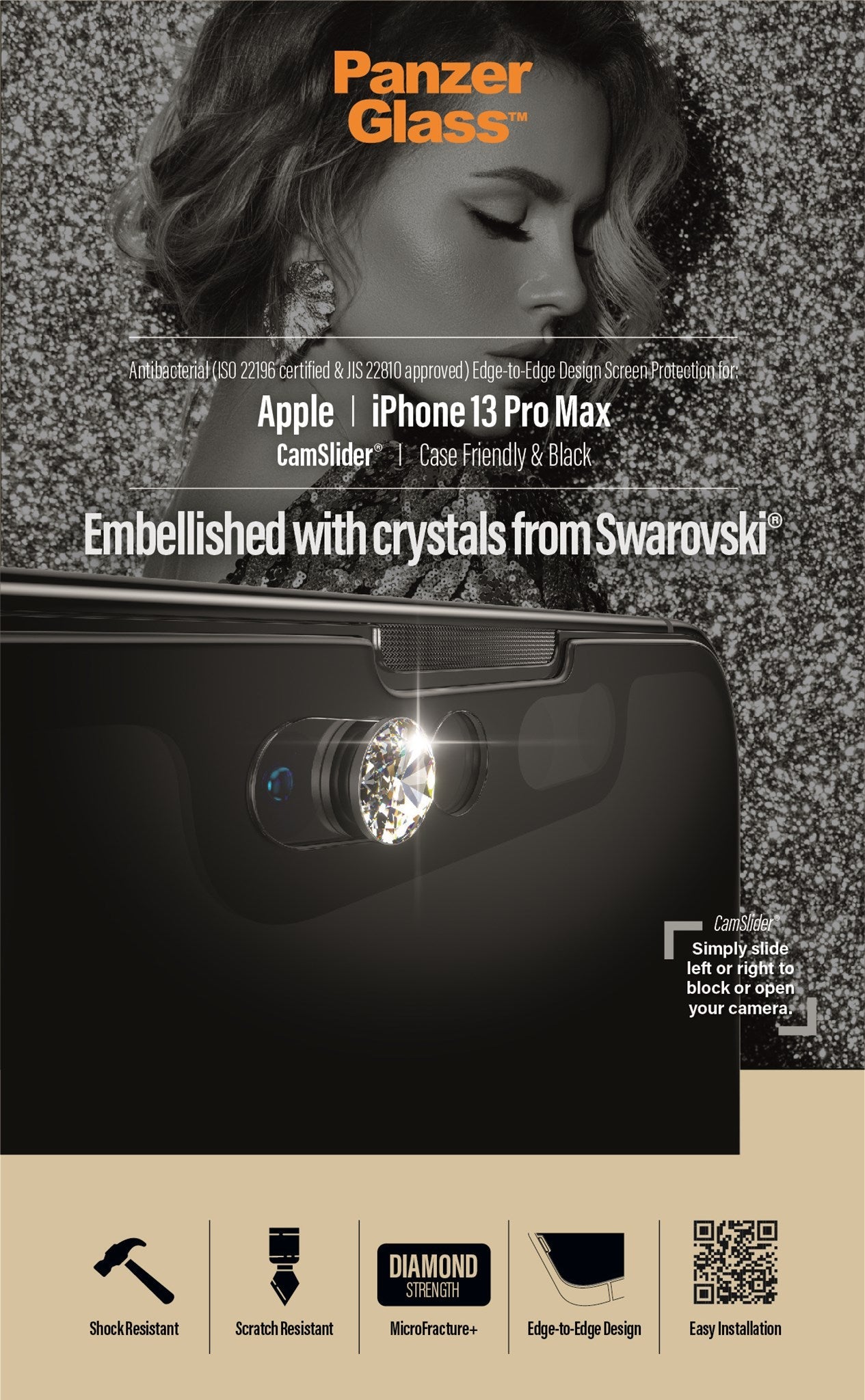 Panzer Glass CamSlider Embellished with Swarovski Crystal for iPhone 13 Pro Max - Black