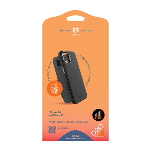EFM Monaco Case Armour with ELeather and D3O 5G Signal Plus Technology For iPhone 13 (6.1")/iPhone 14 (6.1") - Black / Space Grey