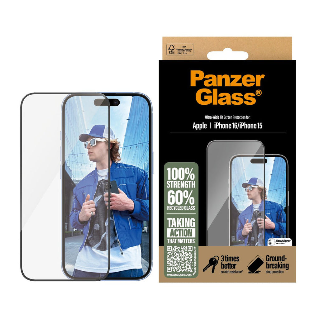PanzerGlass® Ultra-Wide Fit Screen Protector For iPhone 16 / 15 - Clear