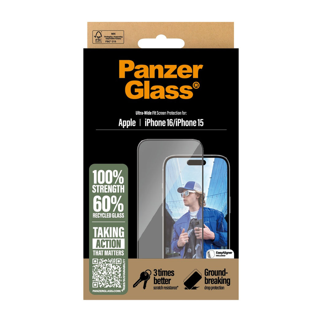 PanzerGlass® Ultra-Wide Fit Screen Protector For iPhone 16 / 15 - Clear