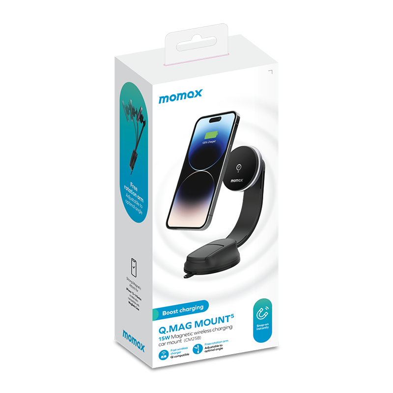 Momax Q.Mag Mount 5 15W Wireless Charging Car Mount Suction Cup (MagSafe Compatible) - Grey