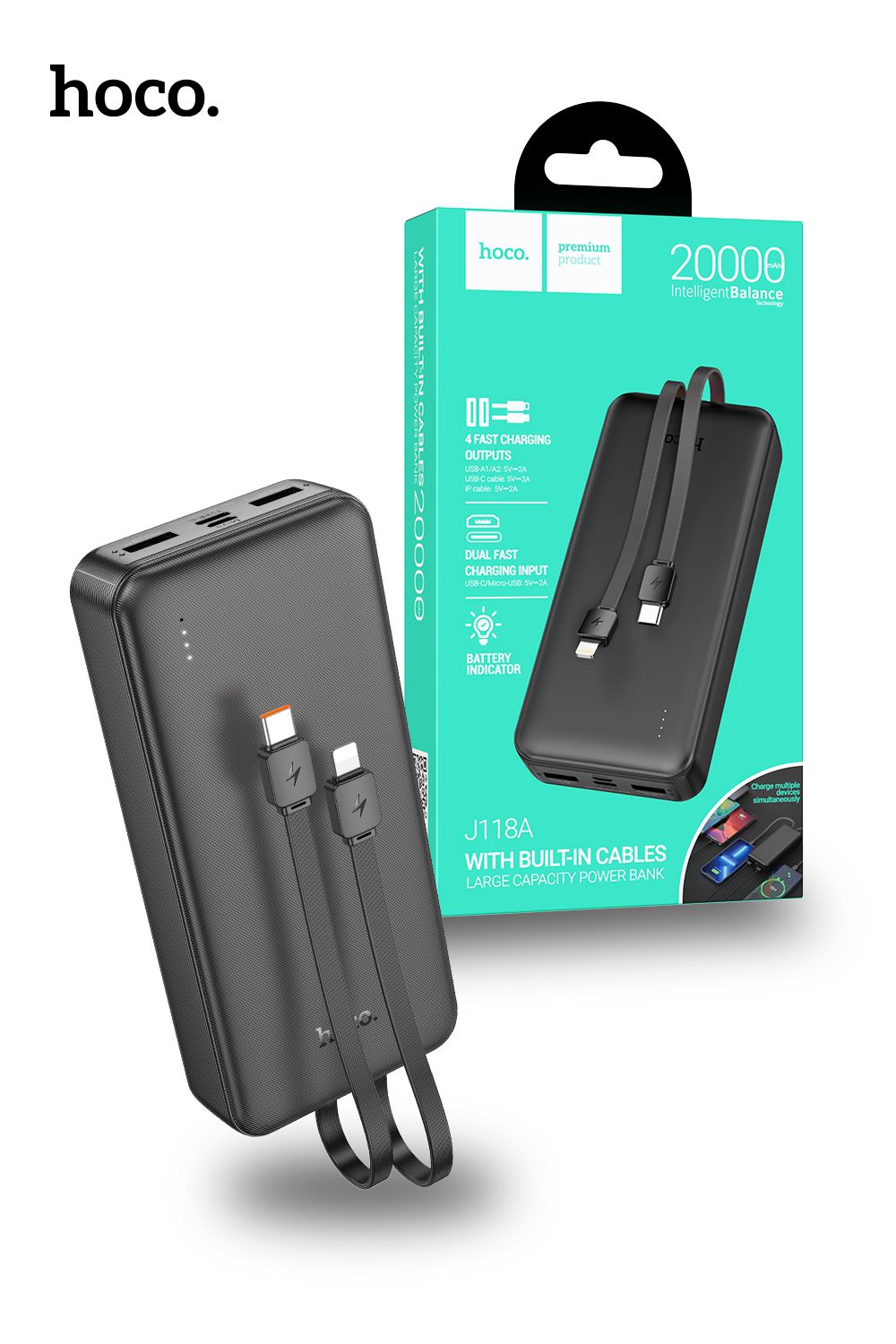 Hoco J118 10000mAh With Built In Charging Cable Speed Energy Power Bank - Black