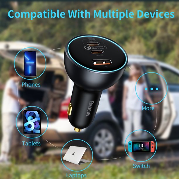 Baseus 160W Car Charger USB Type C QC 5.0 Fast Charging For iPhone 14 Pro Laptop Macbook + Cable