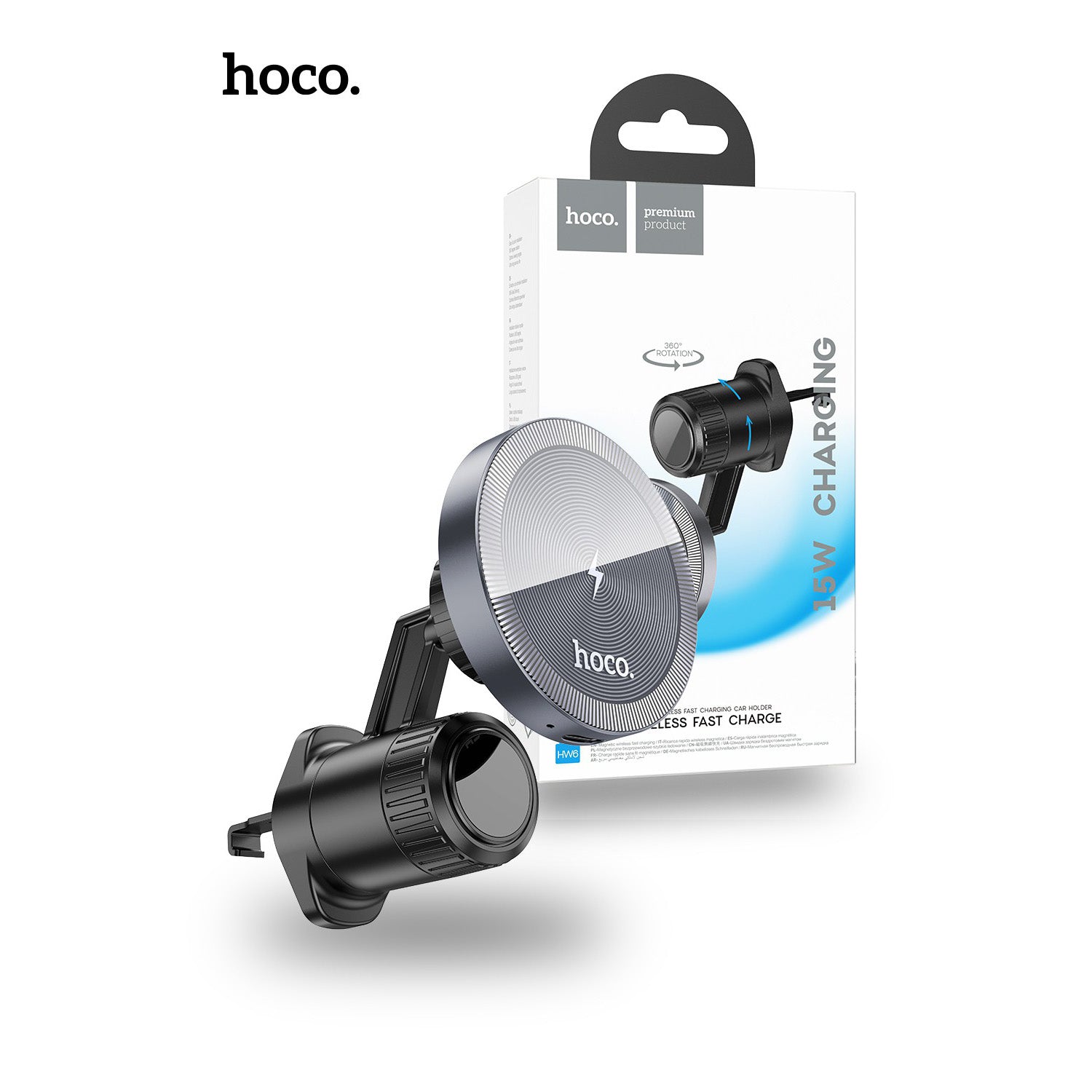 Hoco HW6 15W Vision Metal Magnetic Wireless Charging Air Vent Car Holder - Black