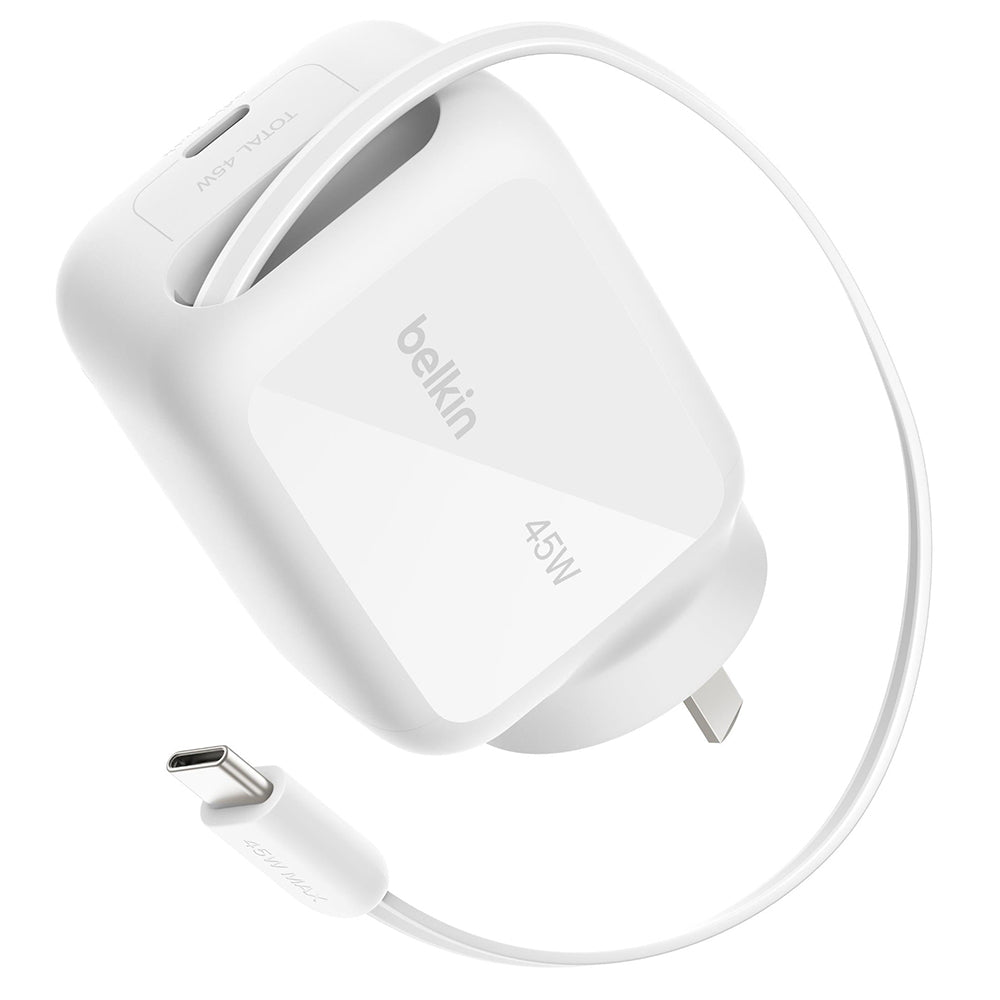 Belkin BoostCharge Pro Wall Charger 45W GaN with retractable cable - White