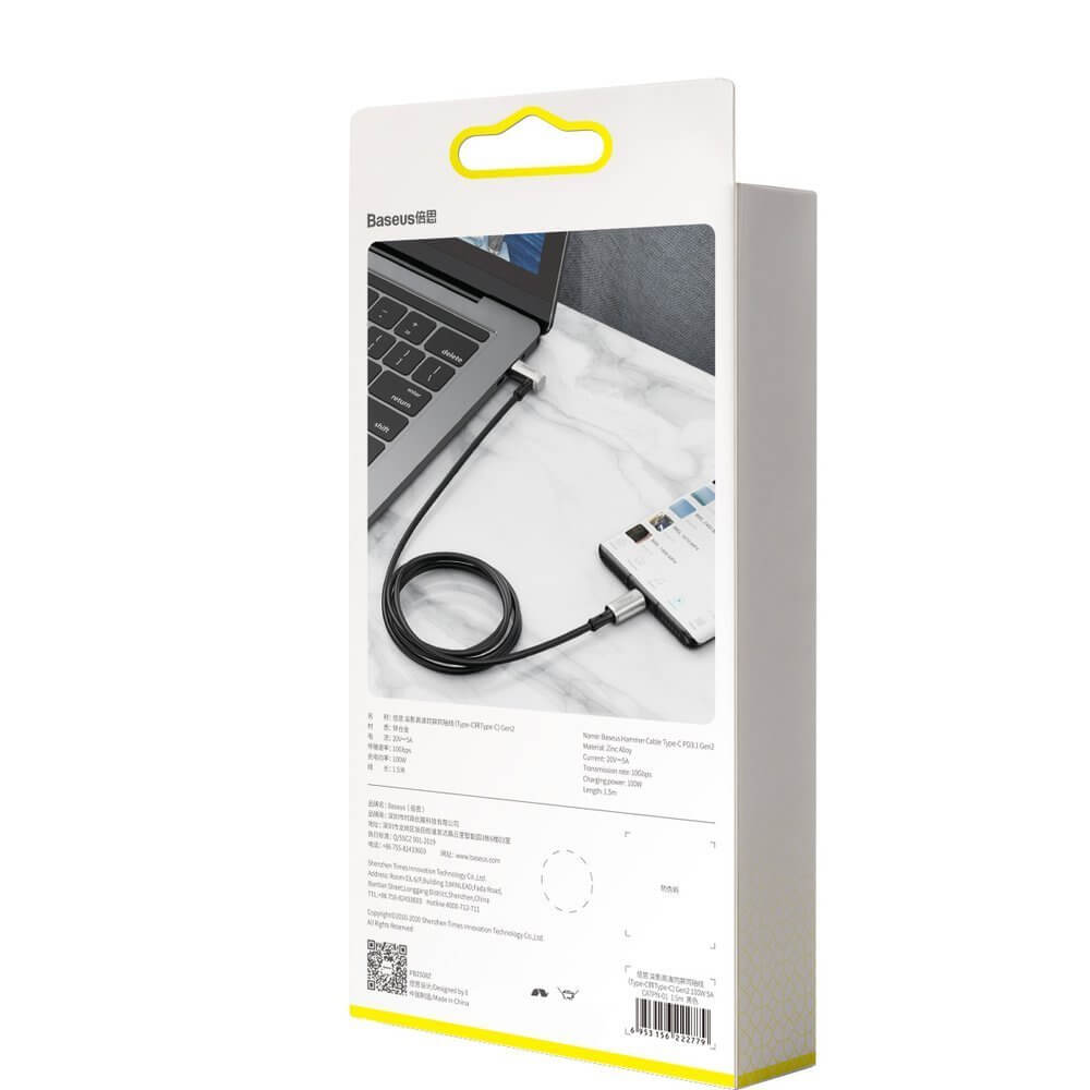 Baseus Right Angle Connector USB-C to USB-C  PD 3.1 Gen2 100W (20V/5A) 1.5M - Black (Hammer Cable)