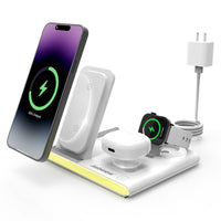Jabees PowerGlow 4-In-1 Foldable Wireless Magsafe + Apple Watch Compatible Charging StationLED Night Light - White