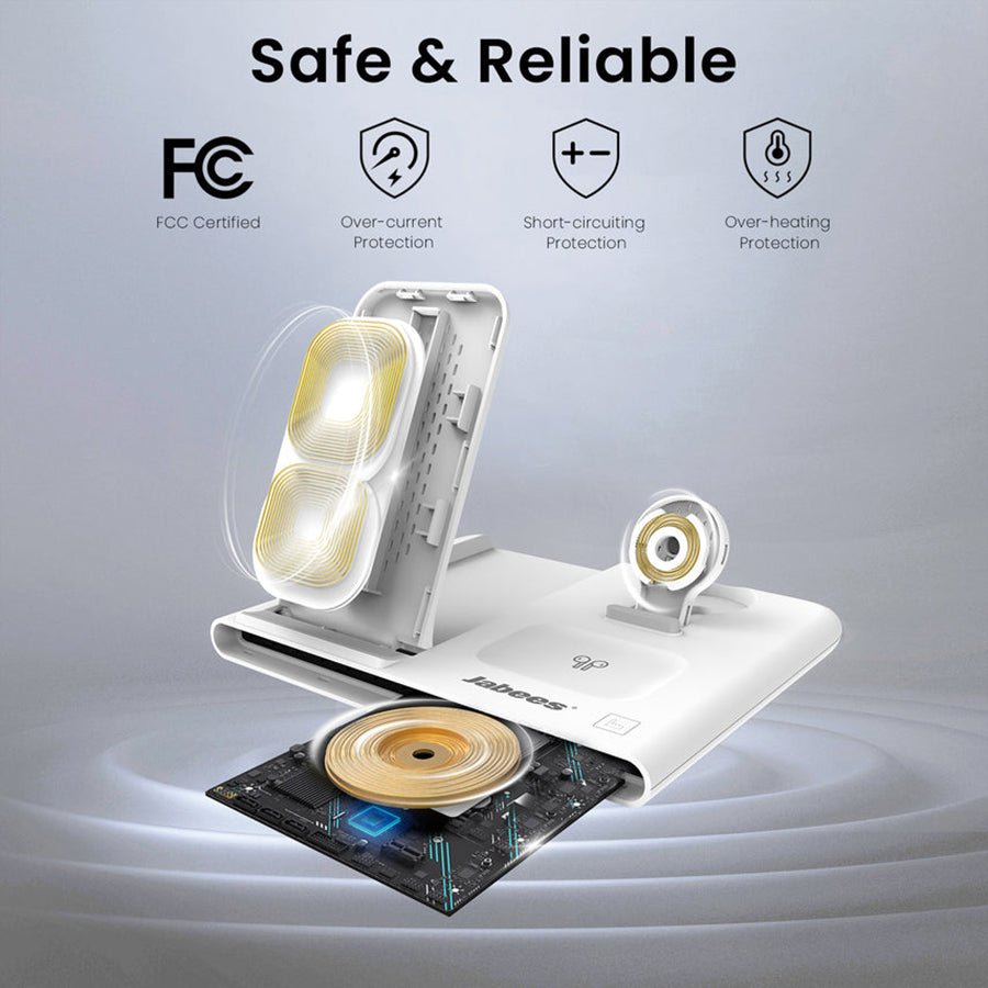Jabees PowerGlow 4-In-1 Foldable Wireless Magsafe + Apple Watch Compatible Charging StationLED Night Light - White