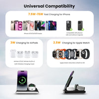 Jabees PowerGlow 4-In-1 Foldable Wireless Magsafe + Apple Watch Compatible Charging StationLED Night Light - White