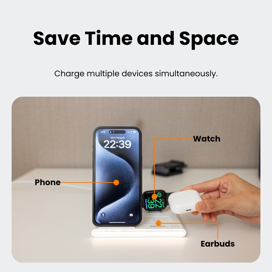 Jabees PowerGlow 4-In-1 Foldable Wireless Magsafe + Apple Watch Compatible Charging StationLED Night Light - White