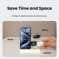 Jabees PowerGlow 4-In-1 Foldable Wireless Magsafe + Apple Watch Compatible Charging StationLED Night Light - White